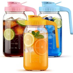 3Pack 64oz Glass Mason Jar Pitchers with LeakProof Lids and Handles – Wide Mouth Design for Sun Tea, Cold Brew, Lemonade, Juice, Iced Tea, and Water