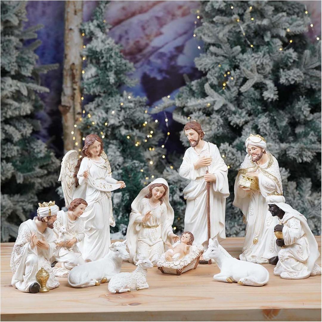Zayton Nativity Set Christmas Indoor 11 Pcs 12.5 Inch Scene Statue Figurines Jesus Manger Crib Ornament Church Xmas Home Catholic Religious Decoration