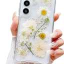 Compatible with Samsung Galaxy S24 Case Cute Pressed Dried Real Flowers Design Women Girly Shockproof Gliter Floral Clear Phone Cover for Galaxy S24 (White Flower)