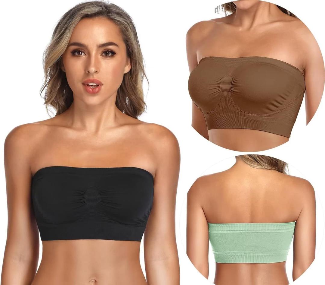ANGOOL Strapless Comfort Wireless Bra with Slip Silicone Bandeau Bralette Tube Top (Small, Black+oxide+green)