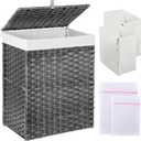 Greenstell Laundry Hamper with Lid, 90L Clothes Hamper with 2 Removable Liner Bags & 2 Mesh Laundry Bags, Handwoven Synthetic Rattan Laundry Basket for Clothes, Toys in Bathroom, Bedroom Grey (90L (18.1 x 13.0 x 23.6 inches), Gray)