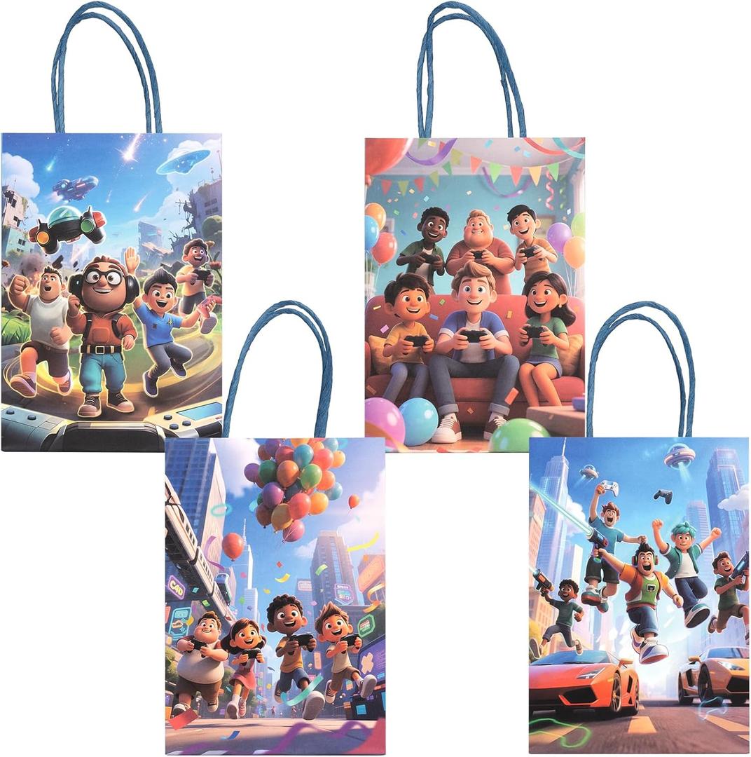 Kauai Sun 16PCS Game Theme Party Gift Bags, Four Unique Designs Goodie Bags for Boys Girls Kids Gaming Party Favors Supplies Candy Treat Loot Exchange Gifting Goodies, Sturdy Extra Thick with Handle (Video Game, Small 8"x6")