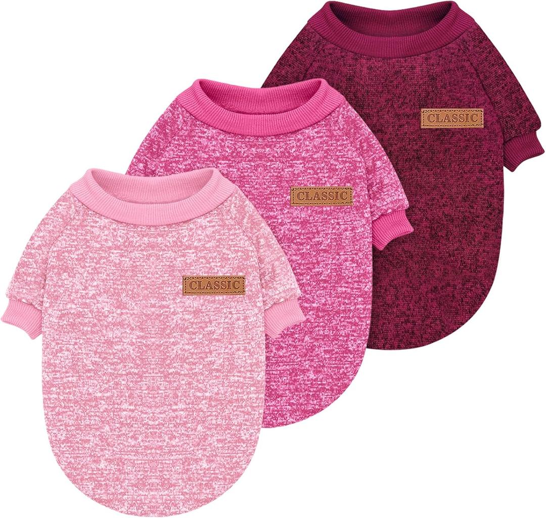 Idepet Pet Dog Classic Knitwear Sweater 3 Pcs, Fleece Coat for Small,Medium Dogs,Warm Pet Dog Cat Clothes,Soft Puppy Customes for Dog Grils Boys,Medium (3 pcs Pink+Rose+Burgundy)