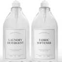 Calindiana Laundry Detergent Dispenser for Laundry Room Organization, Clear 64oz PET Plastic Landry Soap Containers with Black Water Resistant Labels, Black Pumps and Screw Caps, Collapsible Funnel