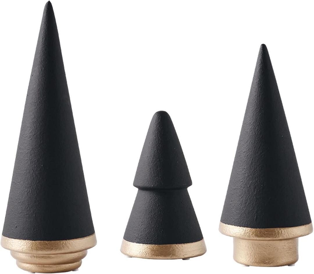 KiaoTime Halloween Simple Elegant Ceramic Christmas Tree Tabletop Counter Centerpiece Mantel Shelf Home Decor Accents Xmas Christmas Tree Decoration Ornament, Black Color(Complete Set of 3 (Black))
