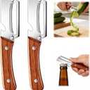 2 Pcs Multi-Functional Vegetable Peeler for Kitchen, Premium Vegetable Peeler with Wooden Handle and Bottle Opener, Stainless Steel Blade Kitchen Tool for Fruit Apple Potato Pumpkin Papaya Carrot