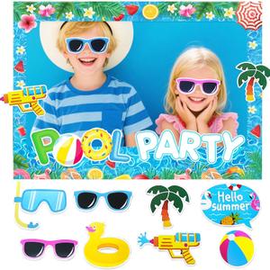 JeVenis Pool Party Decorations Photo Booth Props Frame Summer Party Supplies Luau Summer Decor Tropical Hawaiian Birthday Photo Booth Props