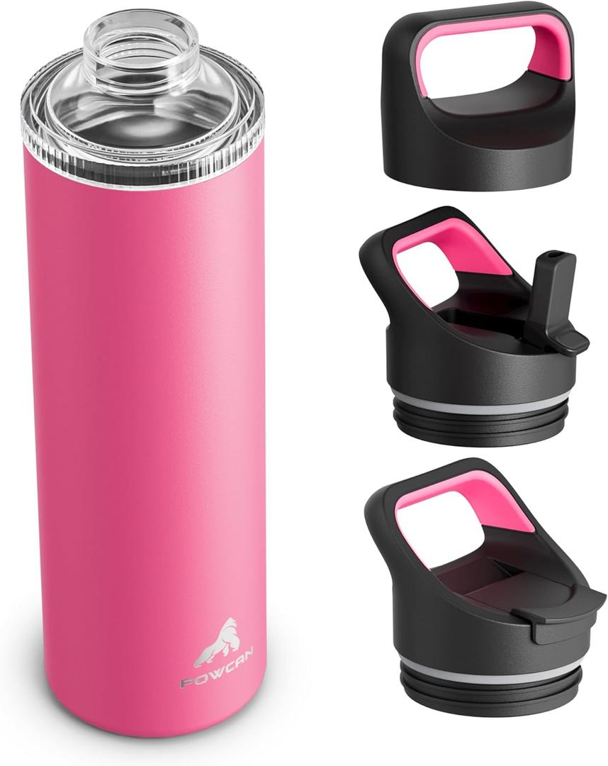 24 oz Insulated Water Bottle for Work: 3 Lids, Leakproof, Keep Cold 24H, Car Cupholder Friendly, Stainless Steel Water Flask with Straw and Spout Caps for Sports, Gym, School, Cycling (Tropical Pink)