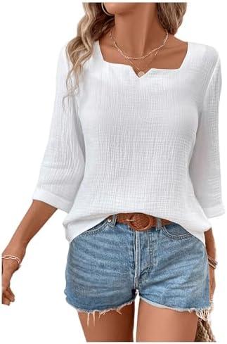 MakeMeChic Women's Notched 3/4 Sleeve Blouses Textured Casual Blouse Shirt Top.M, White