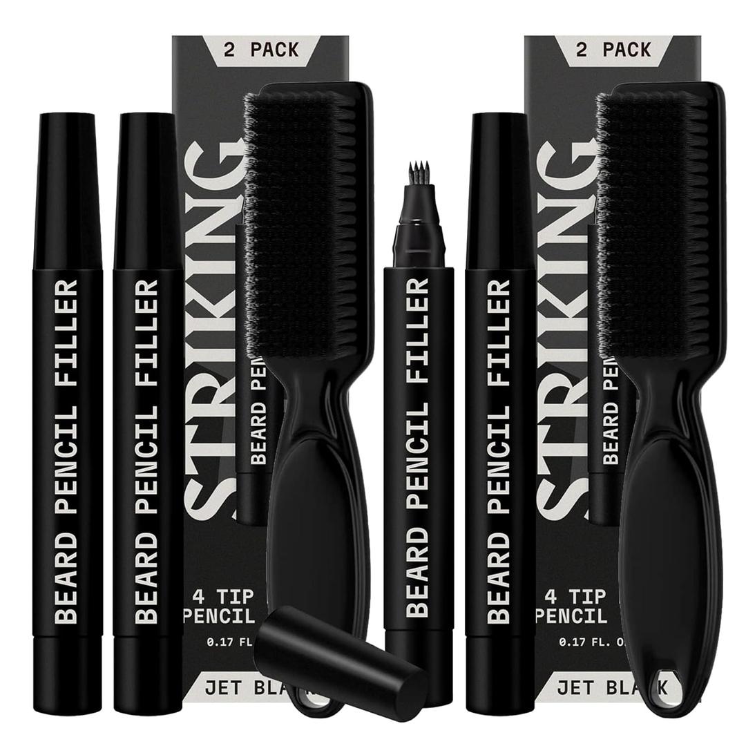 4 Pack Beard Filling Pen Kit with 4 Tips - Waterproof Beard Pencil for Men, Fill, Shape & Define with Brush - Striking Viking (Jet Black) (Jet Black (2 Pack))