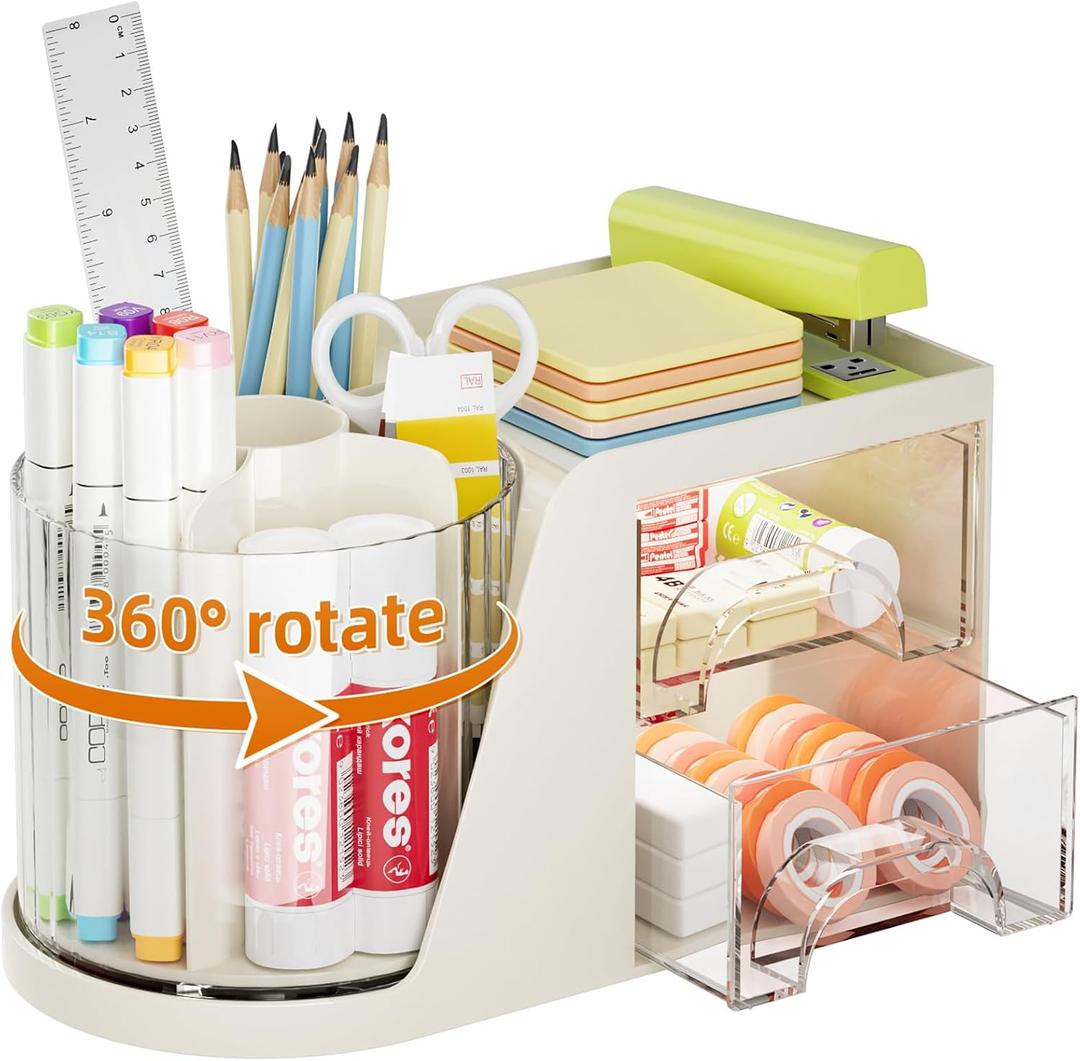 Marbrasse Desk Organizer with 2 Drawer, 360°Rotating Pen Holder, Desk Organizers and Accessories with 6 Slots Pencil Organizer + 2 Drawer, Art Supply Storage Box Caddy for Office (Beige)