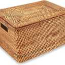 FIYAMMY Rattan Basket With Lid, Large Lidded Basket For Storage(15.3" L11.4"W9.5"H)