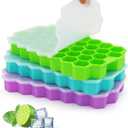 Ice Cube Trays for Freezer, 3 Pack Ice Cube Tray with Lid, Silicone Ice Cube Mold with Lid-37 Grid,Easy-Release Reusable 111 PCS Small Ice Cube for Iced Coffee Cocktail Whisky Chocolate Soup Food (Cyan&Purple&Green)