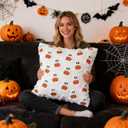 Halloween Pillow Covers 18x18 Set of 2 Double-Sided Embroidered Ghost Pumpkin Throw Pillow Cover Soft Plush Fall Decor for Home Couch Bed Living Room (White)