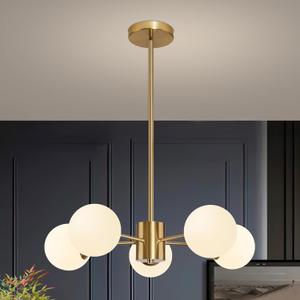 Bagood 5-Light Globe Sputnik Chandelier Mid Century Sputnik Chandeliers Modern Gold Globe Pendant Light Brushed Brass Finished with White Frosted Glass Lampshade for Dining Room Bedroom Kitchen