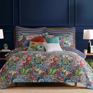Levtex Home - Night Garden Quilt Set - Full/Queen Quilt and Two Standard Shams - Bold Floral - Navy Red Pink Green Ochre White - Quilt (88x92in.) and Shams (20x26in.) - Reversible - Cotton
