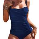 Ekouaer Women's One Piece Swimsuit Ruched Tummy Control Bathing Suits Vintage Retro Push Up Swimwear (X-Large, Navy Blue)