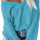 Tobrief Women's V Neck Long Sleeve Waffle Knit Tops Off Shoulder Oversized Pullover Sweater (Blue, M)