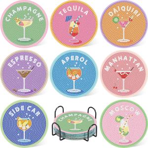 8 Pcs Cocktail Diamond Art Coasters Kit for Adults, Cocktail Diamond Painting Coasters with Holder, 5D Gem Art DIY Crafts Diamond Dots for Gift Life