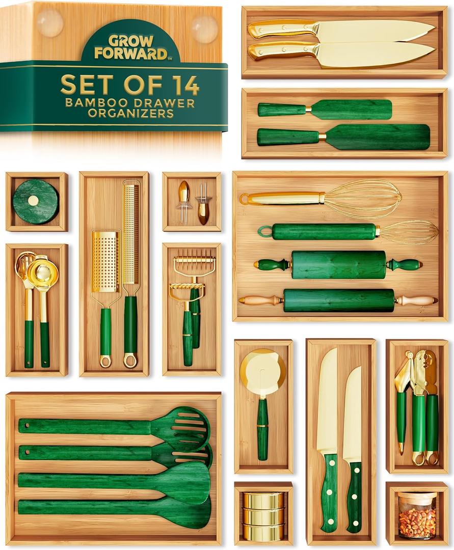 Grow Forward Bamboo Drawer Organizer Boxes - Set of 14 Wooden Drawer Organizers for Kitchen, Bathroom, Office, Desk, Vanity, Makeup - Non-Slip Junk Drawer Organizer Trays for Storage and Organization