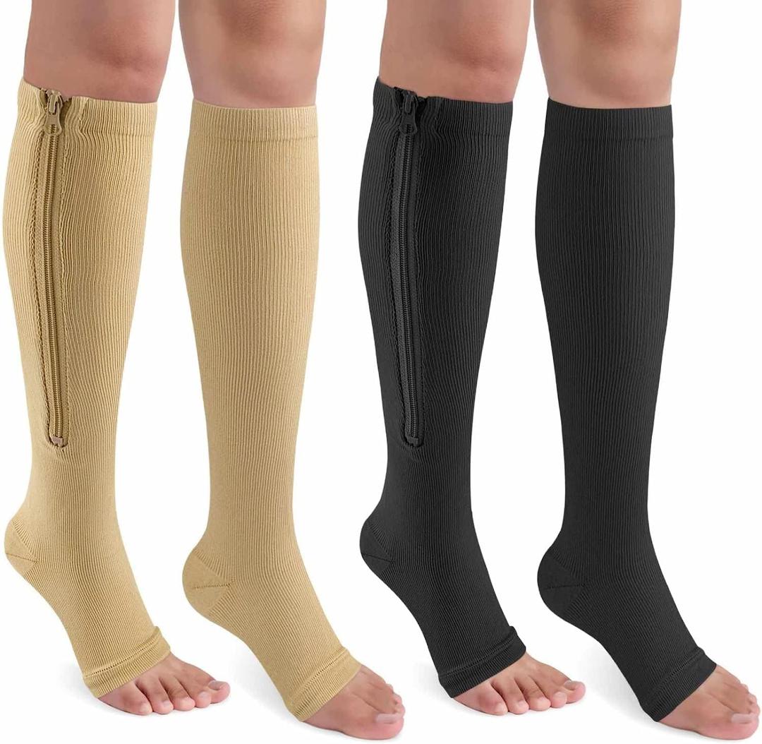 CASMON 2 Pairs Zipper Compression Socks for Women & Men, 15-20 mmHg Open Toe Knee High Support Socks for Varicose Vein Edema (Large-X-Large, Black+beige)