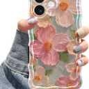 Jusy Case for iPhone 17, Colorful Retro Oil Painting Printed Flower Laser Blue Glossy Pattern Cute Curly Wave Phone Case Soft TPU Cover for Girly Women -Green (Green Without Bracelet)