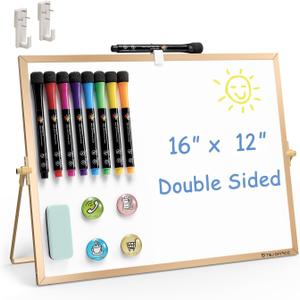 TSJ OFFICE Small White Board - 12 X 16 Inches Small Magnetic Dry Erase Board with Hooks for Wall, Desktop Whiteboard Stand 360 Degrees Revolving Double Sided for Office, Home, School, Gold