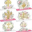 Suzile 6 Pcs First Communion Wooden Decorations Baptism God Bless Centerpiece Floral Baptism Decor for Christening Baby Shower First Communion Religious Birthday Party Supplies(Gold, Pink)