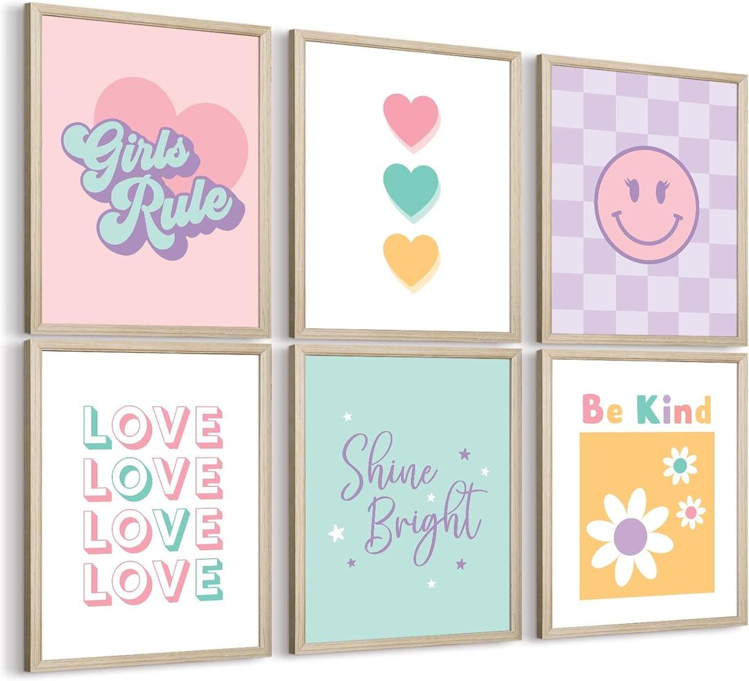 Girls Room Wall Art Kids Canvas Poster Nursery Wall Decor Pink Colorful Prints Baby Toddler Pictures Teen Girl Rule Artwork Love Smile Painting for Bedroom Playroom 8x10 Inch Wood Framed
