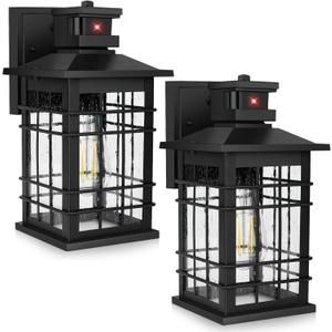Motion Sensor Outdoor Wall Lights Black, Dusk to Dawn Outside Porch Lights Fixture Wall Mount, Waterproof Exterior Light Fixtures, 2-Pack Matte Black Wall Sconces Lantern for House Patio Garage (11.4 inch)