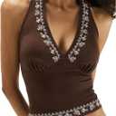 Verdusa Women's Y2k Halter Top Going Out Summer Tops Floral Print Crop Top Boho Backless Shirts (Brown, XS)