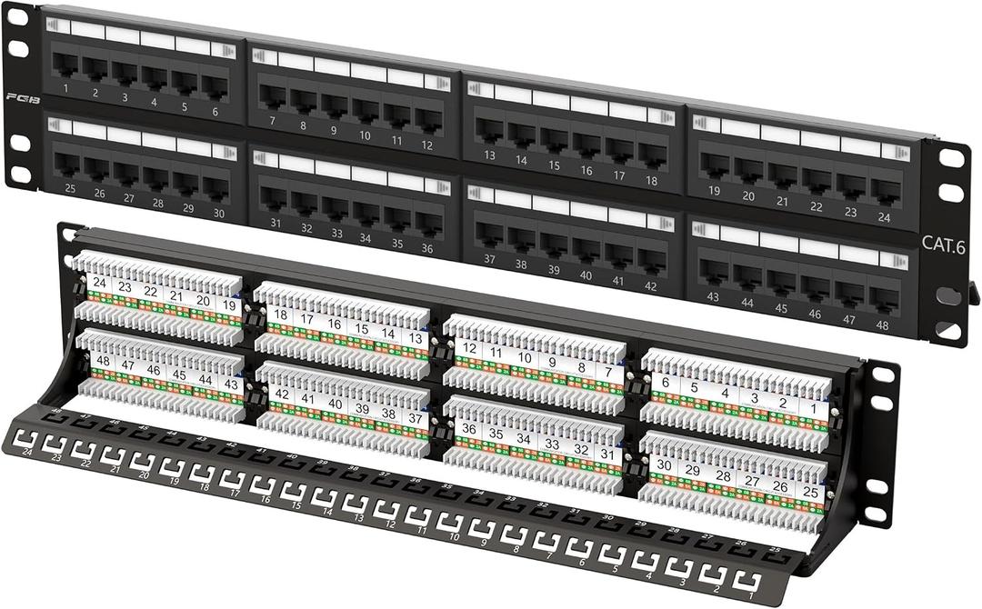 FGB 48-Port Cat6 Patch Panel, 2U 19" Rackmount or Wall Mount RJ45 Ethernet Patch Panel for Gigabit Networks