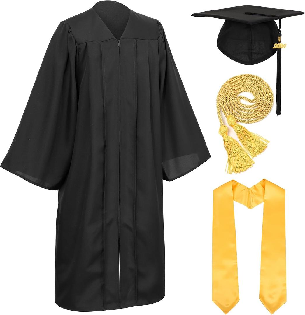 Unisex Adult Matte Graduation Cap and Gown Set with Honor Cord Gold Stoles for College School Bachelor Graduates (Black)