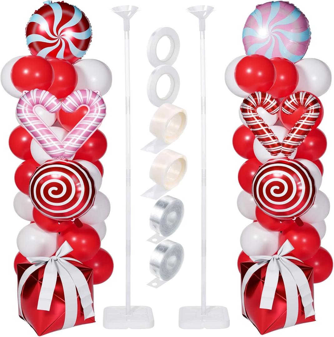 Skylety 2 Sets Balloon Column Stand Kit Balloon Tower Stand with Bases for Birthday Wedding Anniversary Graduation Party Baby Shower Decorations Supplies(Christmas,Red White Pink)