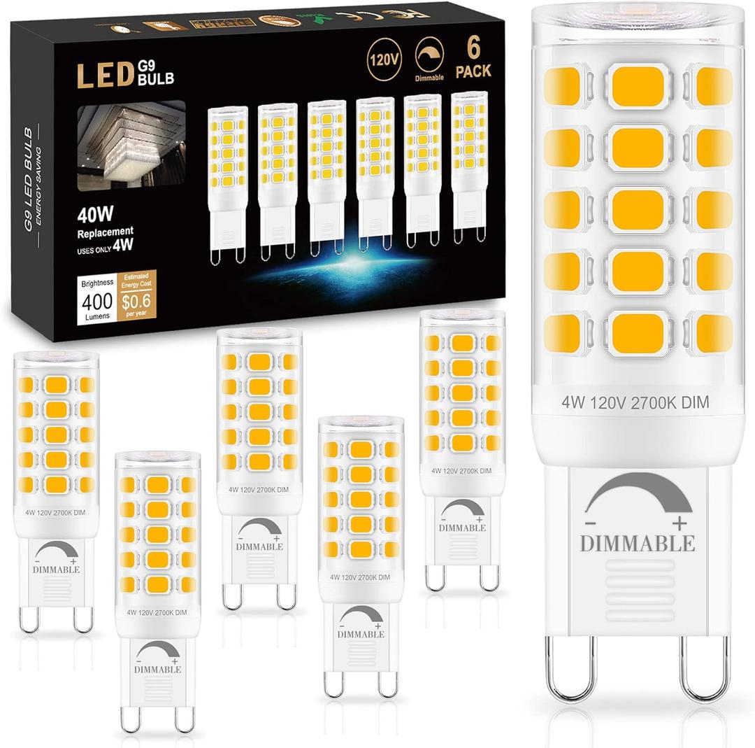 Sailstar G9 LED Bulb Dimmable 2700K Soft Warm White 6 Pack, T4 G9 4W Replacement for 40 Watts Halogen, Ceramic Bi Pin Base, 120V 400 Lumen 360Beam Angle, G9 Light Bulbs for Chandelier