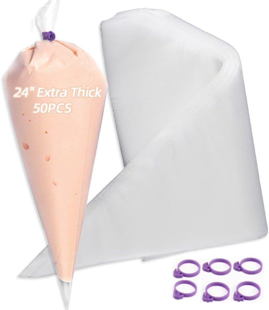 24 Inch Extra Large Piping Bags Disposable,50 Pack Thick Pastry Bags with 6 Bag Ties, Heavy Duty Icing Bags for Frosting,Cream and Pastry Filling,Cake Decorating bags