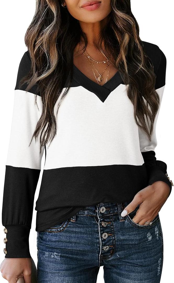 3 x Dokotoo Womens Long Sleeve Tops V Neck Color Block Pullover Casual Sweater (Black, XL)