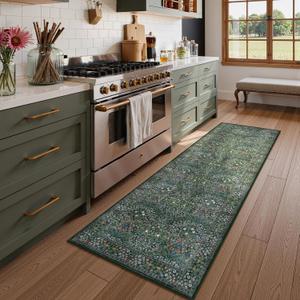 Lahome Floral Washable Runners for Hallways, 2x6 Runner Rug Non Slip Ultra-Thin, Boho Soft Hallway Rug Forest Green Carpet for Kitchen Bedroom Bathroom Laundry Room Giverny, Dark Green