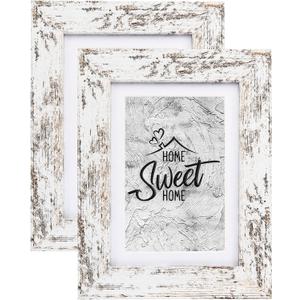 Califortree Rustic White 5x7 Picture Frame - Display Photos 4x6 with Mat or 5x7 Without Mat - Real Glass Frames for Wall and Tabletop - Set of 2