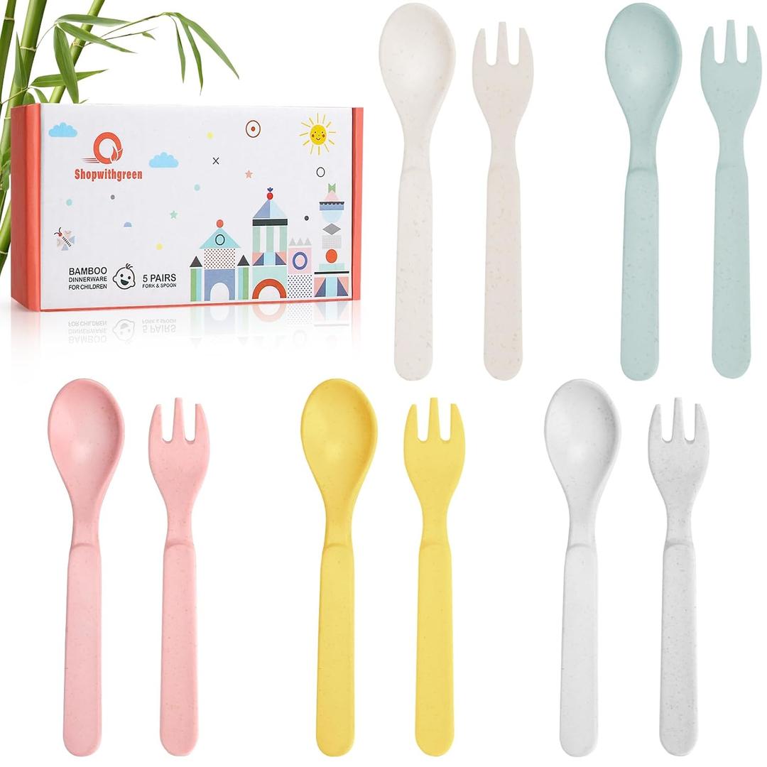 Shopwithgreen Bamboo Toddler Utensils Set, Baby Kids Toddler Spoons and Forks Set, BPA Free Reusable Cutlery Set| Dishwasher Safe, Child and Baby Self Feeding for Dinner, Dessert, Soup,10 Pack