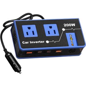 200W Car Power Inverter, Amcelooy Dual DC 12V to 110V AC Car Outlet Adapter to Wall Plug, Fast Charging 24W USB-C & USB Ports, Portable Charger Converter with for Laptops, Phones(Blue)