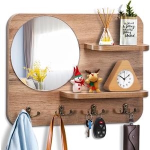 Wooden Key Rack with Mirror, Shelf and 4 Key Hooks for Rustic Entrances, Hallways, Living Rooms and Bedrooms - 16"x12" (Oak Color)