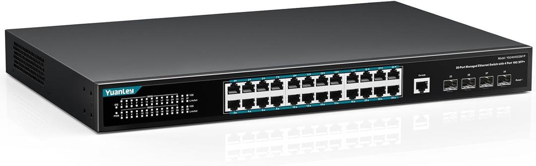 YuanLey 28 Port Gigabit Managed PoE Switch with 24 10/100/1000Mbps PoE+ Ports, 4X 10Gbps SFP+, L3 Smart Managment Ethernet Switch, VLAN, QoS, ACL, SSL, Fanless, Rackmount Network Switch