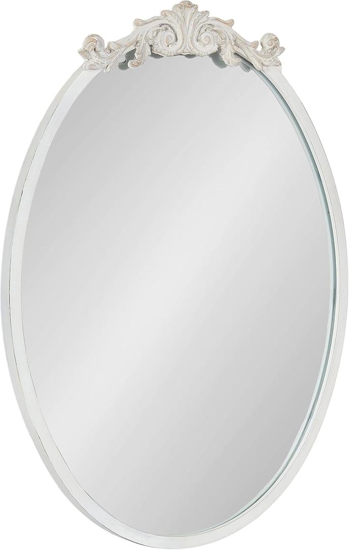 Kate and Laurel Arendahl Traditional Vertical Oval Wall Mirror, 24 x 24 Antique White,Vintage Glam Baroque-Inspired Round Bathroom Vanity Mirror with Ornate Crown