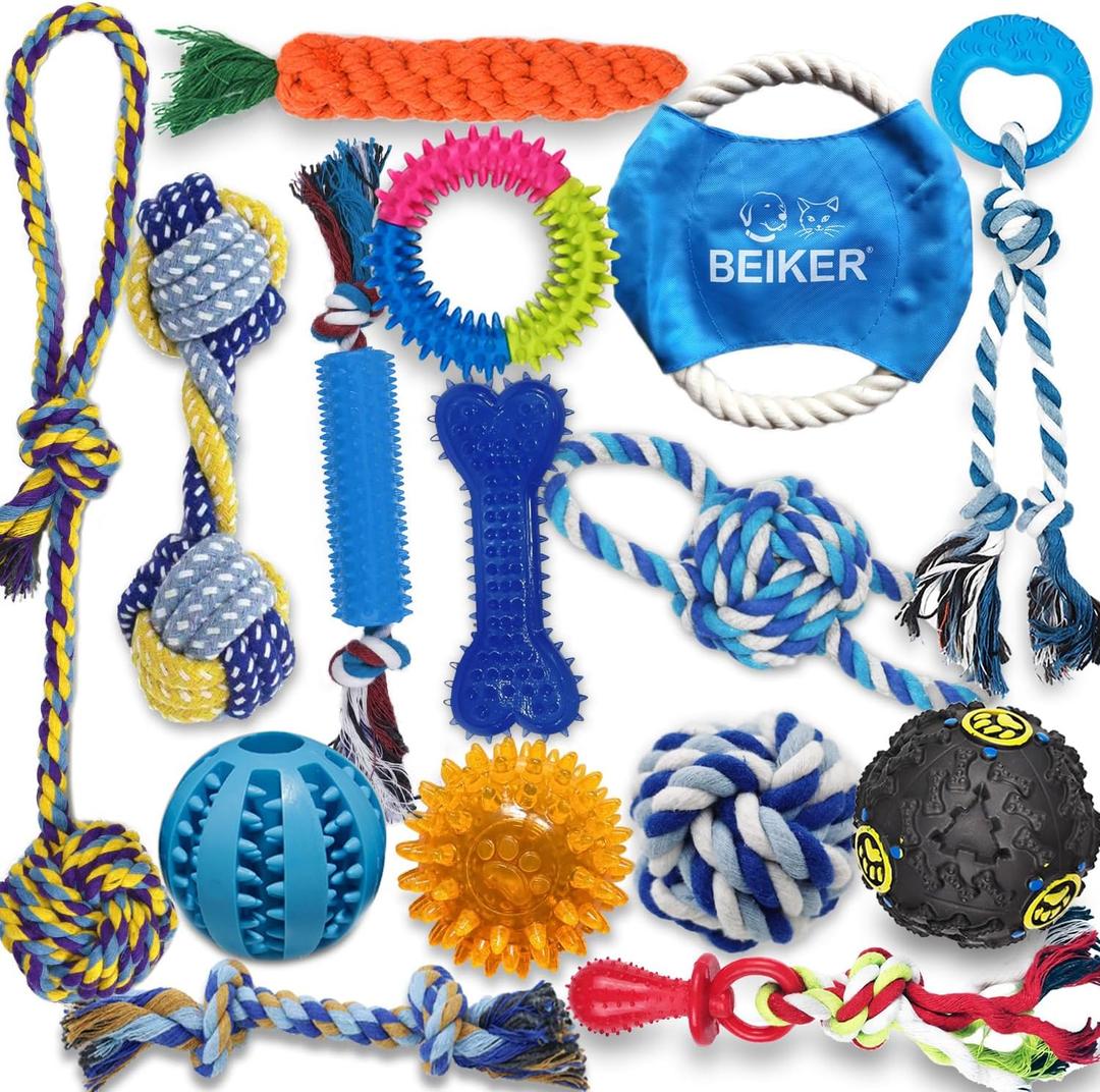 Beiker Dog Teething Chew Toys  15 Pack Small Medium Breed Puppy Toy, Variety Dogs Rope Chew Toys Bundle for Boredom, Pet Interactive Squeaky Treat Dispensing Ball for Puppies
