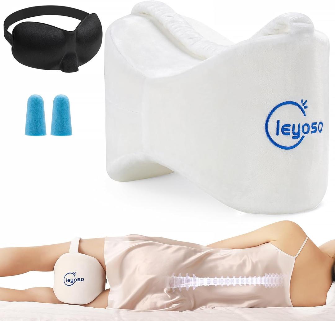 Knee Leg Pillow for Side Sleepers,Leg Pillow for Side Sleeping with Strap-100% Memory Foam Wedge Contour Spacer Cushion for Back,Hip Knee Pregnancy Sciatica Pain Relief Free Sleep Mask Ear Plugs White