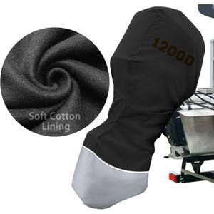 Full Outboard Motor Cover - 1200D Waterproof Boat Motor Cover with Cotton Lining, Fits 135-250 HP Outboard Engine, Heavy Duty, Silver Black