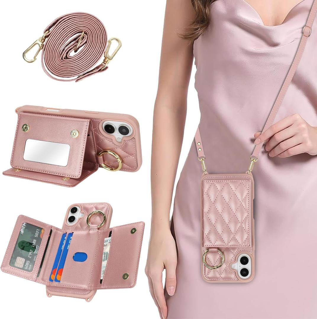 for iPhone 16 Plus Case with Card Holder and Strap for Women,Crossbody Lanyard, Make Up Mirror,Ring Stand,Snap Clasp,Cute Phone Wallet Cases 6.7 inch - Dark Rose Gold