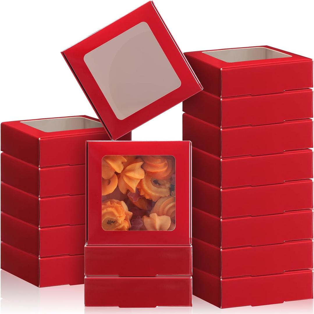 Zonon 30 Pcs Kraft Paper Boxes with Window 4.13 x 4.13 x 1.18 Inch Candy Packaging, Small Gift Boxes, Soap holder, Mini Treat Packaging for Bakery Chocolate Jewelry Display (Dark Red)