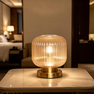 Mid Century Modern Table Lamp, Amber Ribbed Glass Nightstand Light with Gold Base,E26 LED Bulb Vintage Decorative Desk Lamp for Bedroom Living Room Study